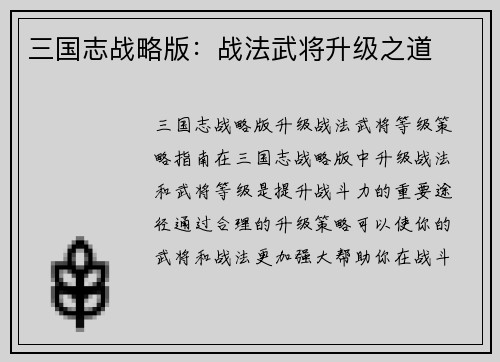 三国志战略版：战法武将升级之道